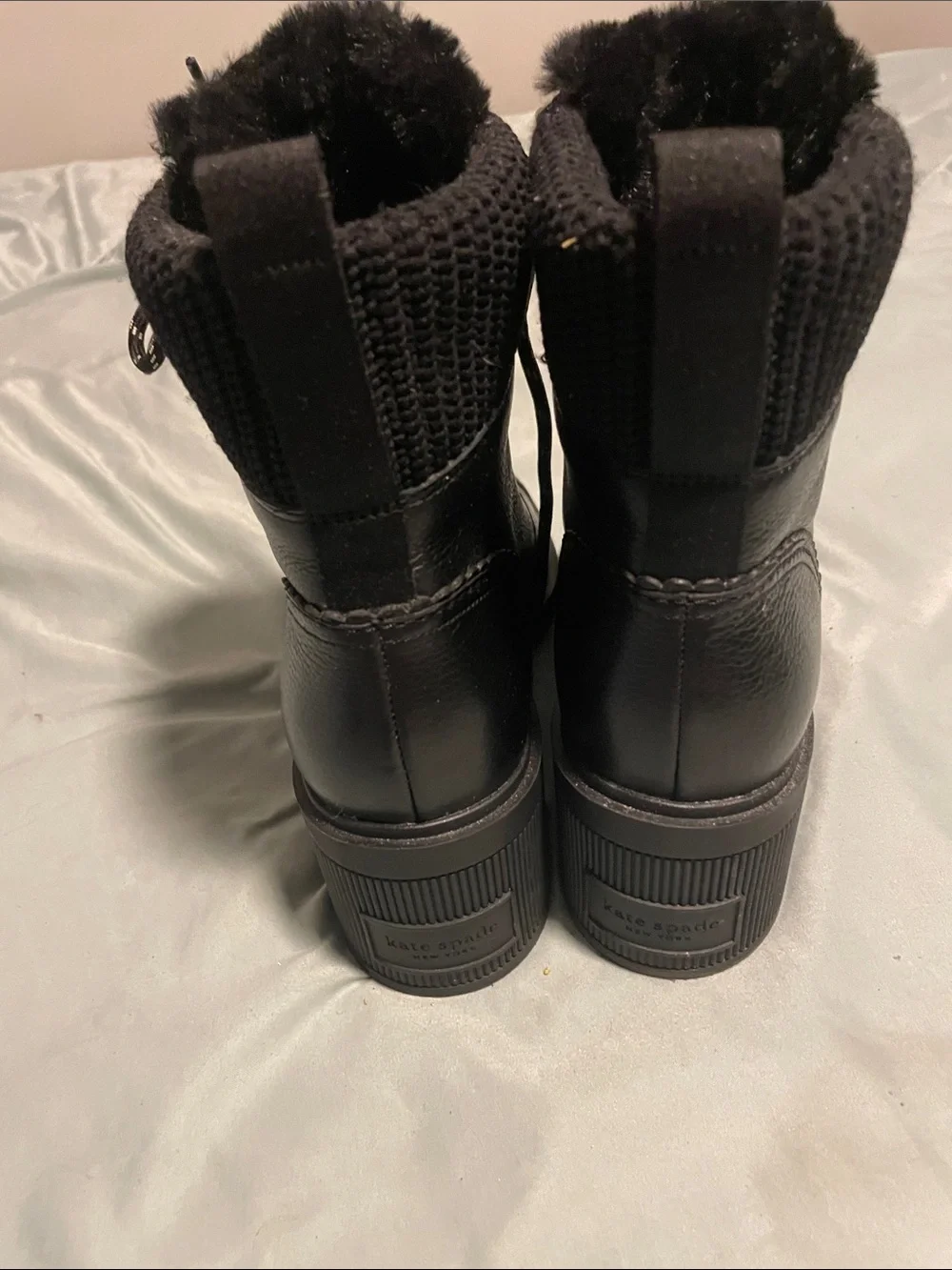 kate spade Black Knit-Cuff Lace-Up Ankle Boots with Faux Fur Trim